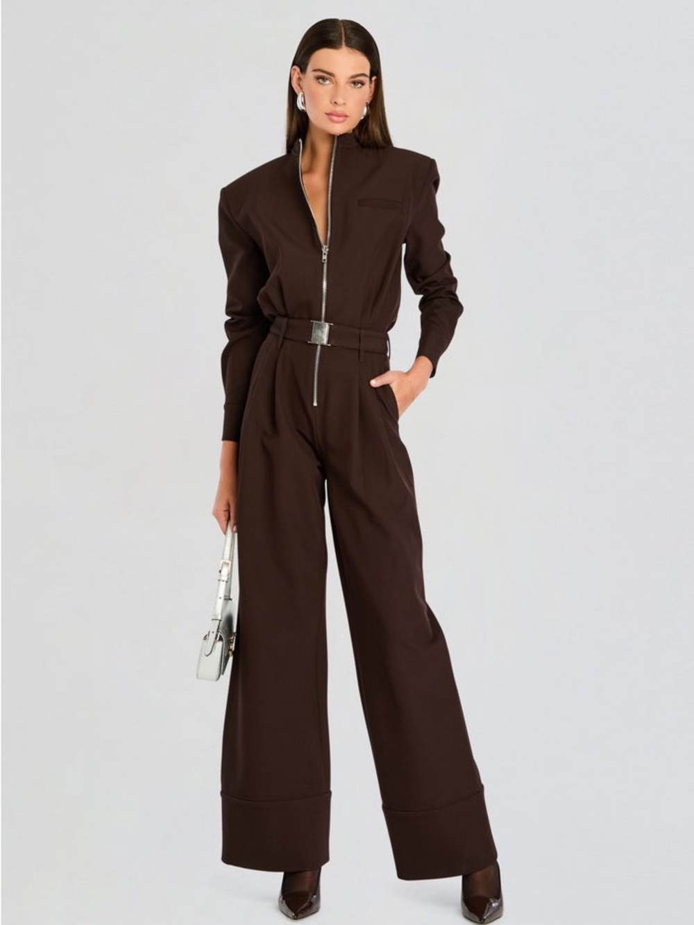 VERA HEAVY CREPE JUMPSUIT Tailored Brown Wide-Leg Jumpsuit with Belt